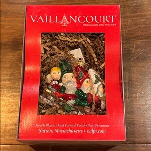 NIP Vaillancourt Polish Glass Mouth Blown Hand Painted 3 Gnomes On Sled Ornament